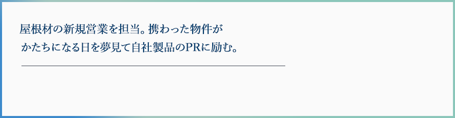 屋根材の新規営業を担当。携わった物件がかたちになる日を夢見て自社製品のPRに励む。